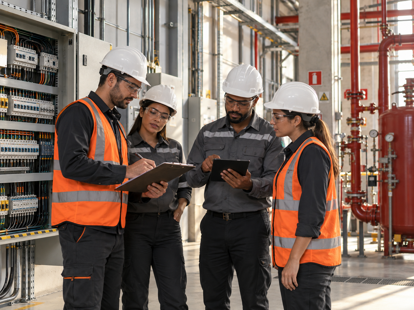 Equipe técnica avaliando materiais e instalações em ambiente industrial.