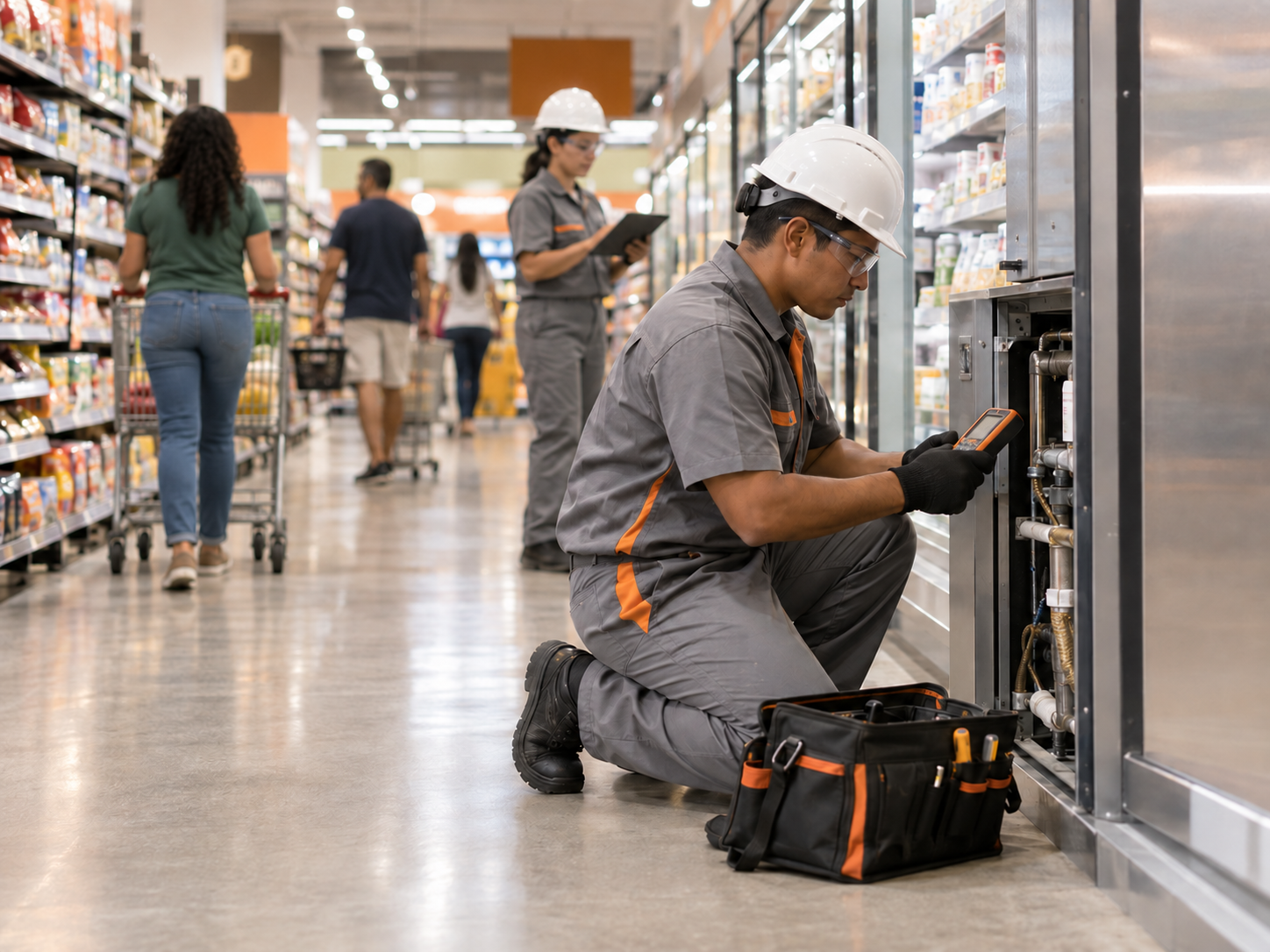 Manutenção técnica em supermercado com loja operando.